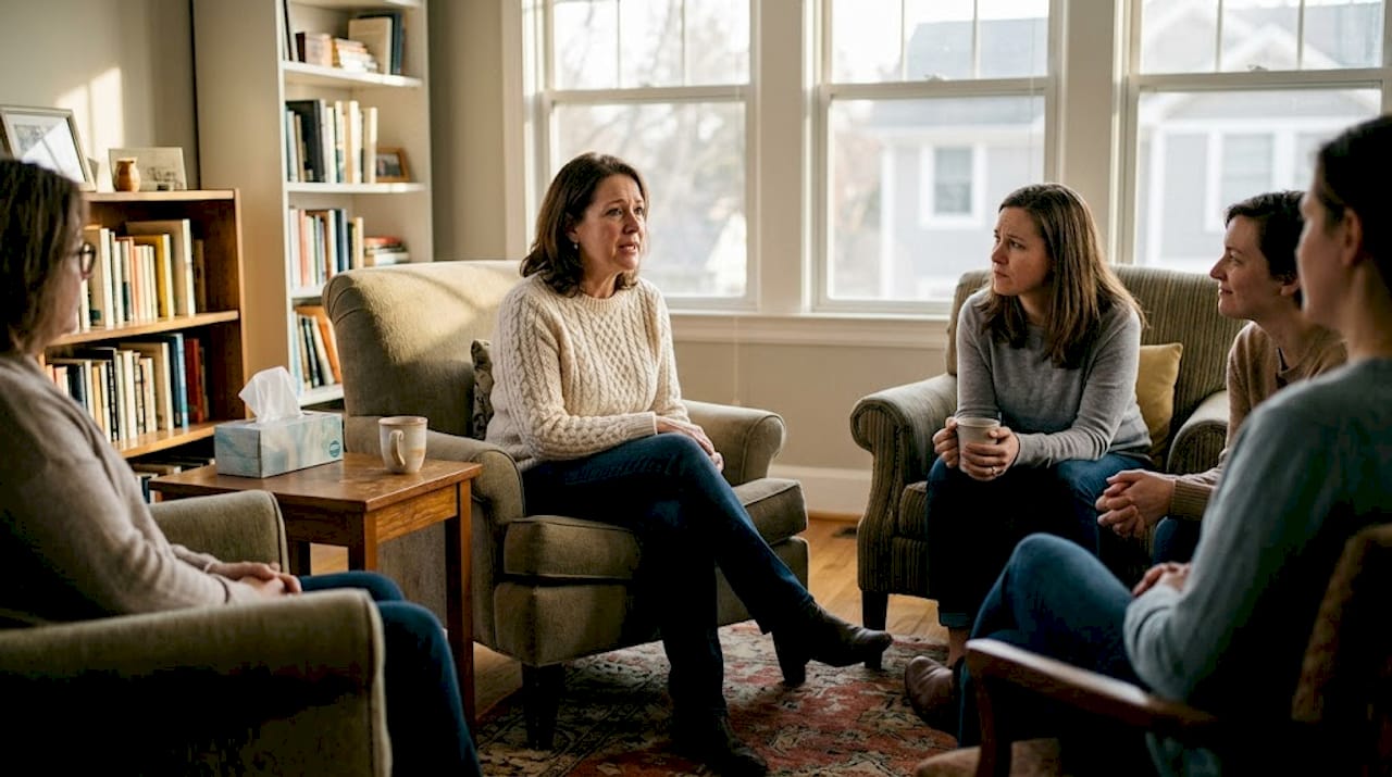 Woman shares in trauma recovery group