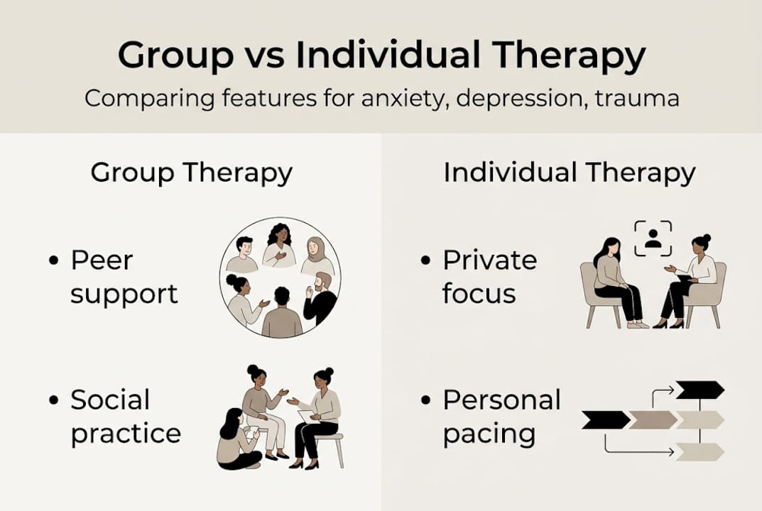 Group vs individual therapy features infographic