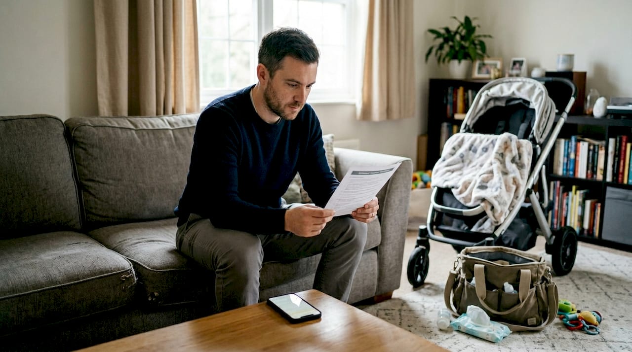 Father reviewing postpartum mental health checklist