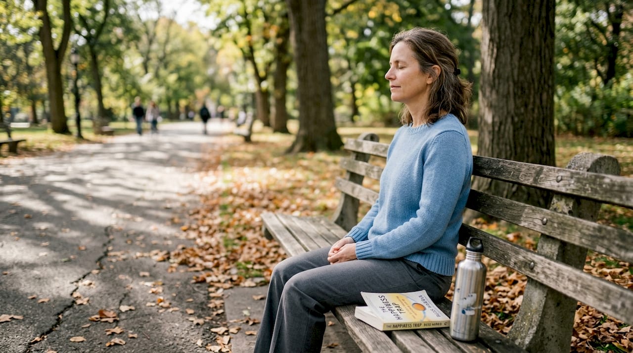 Woman practicing mindfulness on park bench