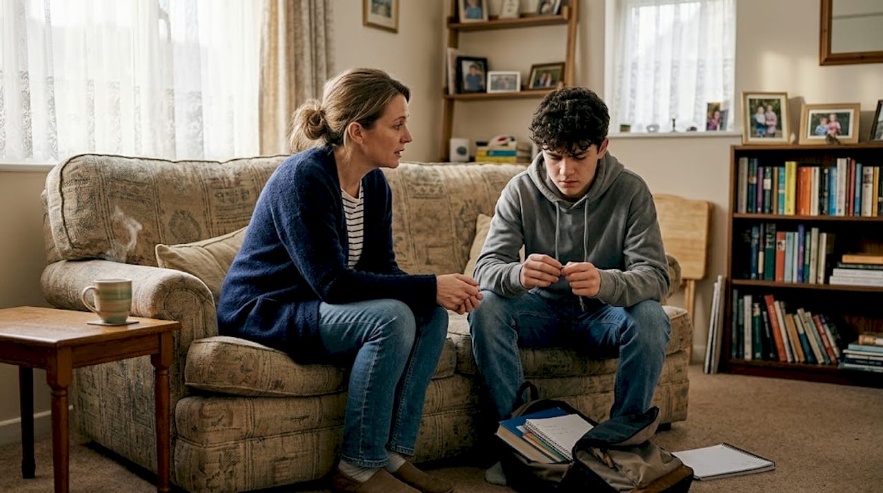 Parent calmly troubleshooting with teen