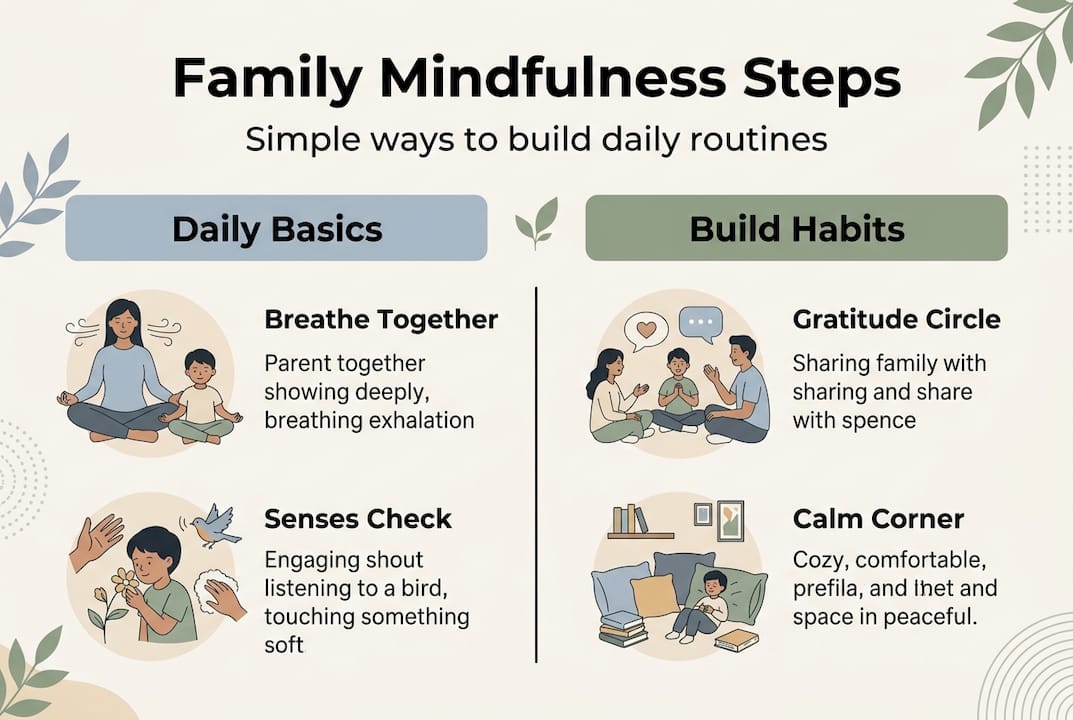 Infographic of family mindfulness steps and benefits