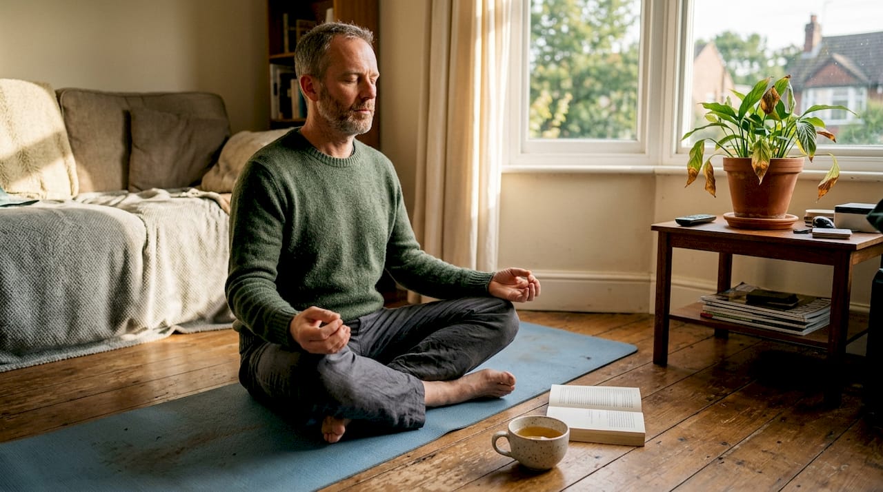 Man practicing mindfulness at home on yoga mat