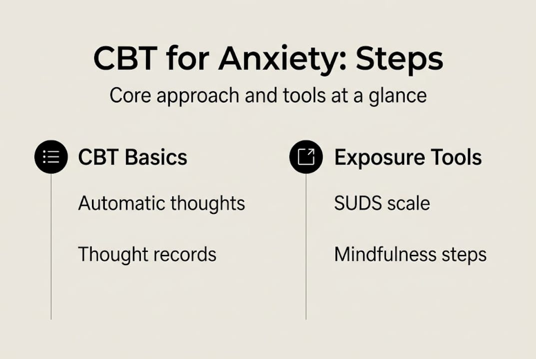 Infographic showing CBT steps and tools for anxiety