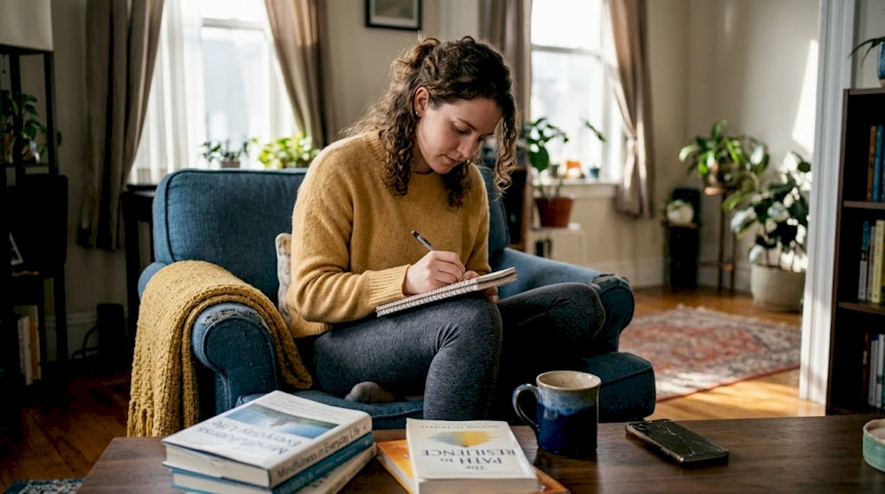 Client journaling in casual apartment living room