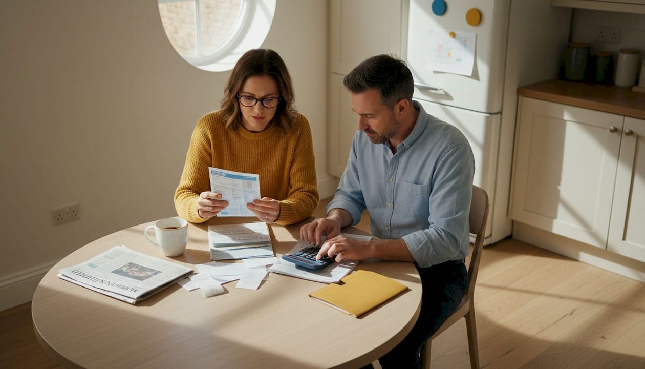 Couple reviewing finances at kitchen table