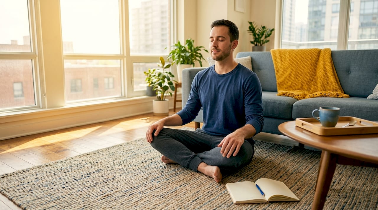 Man practicing mindfulness in apartment