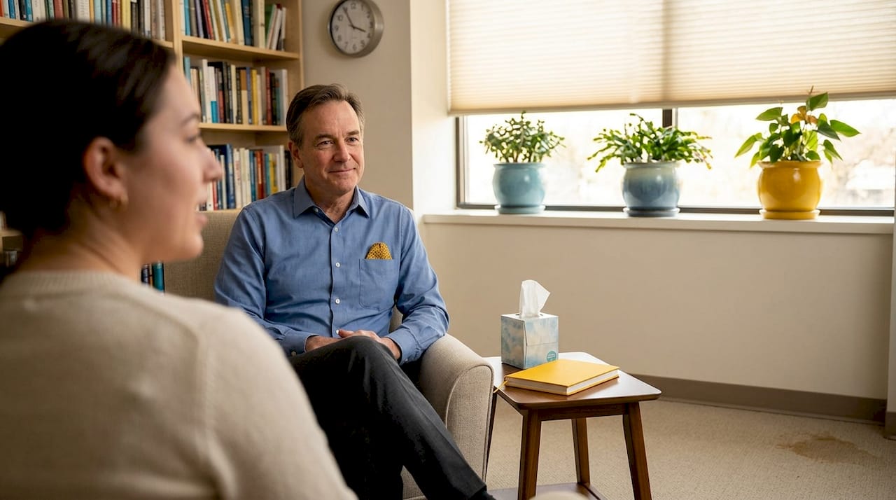 Therapist and client talking in comfortable office