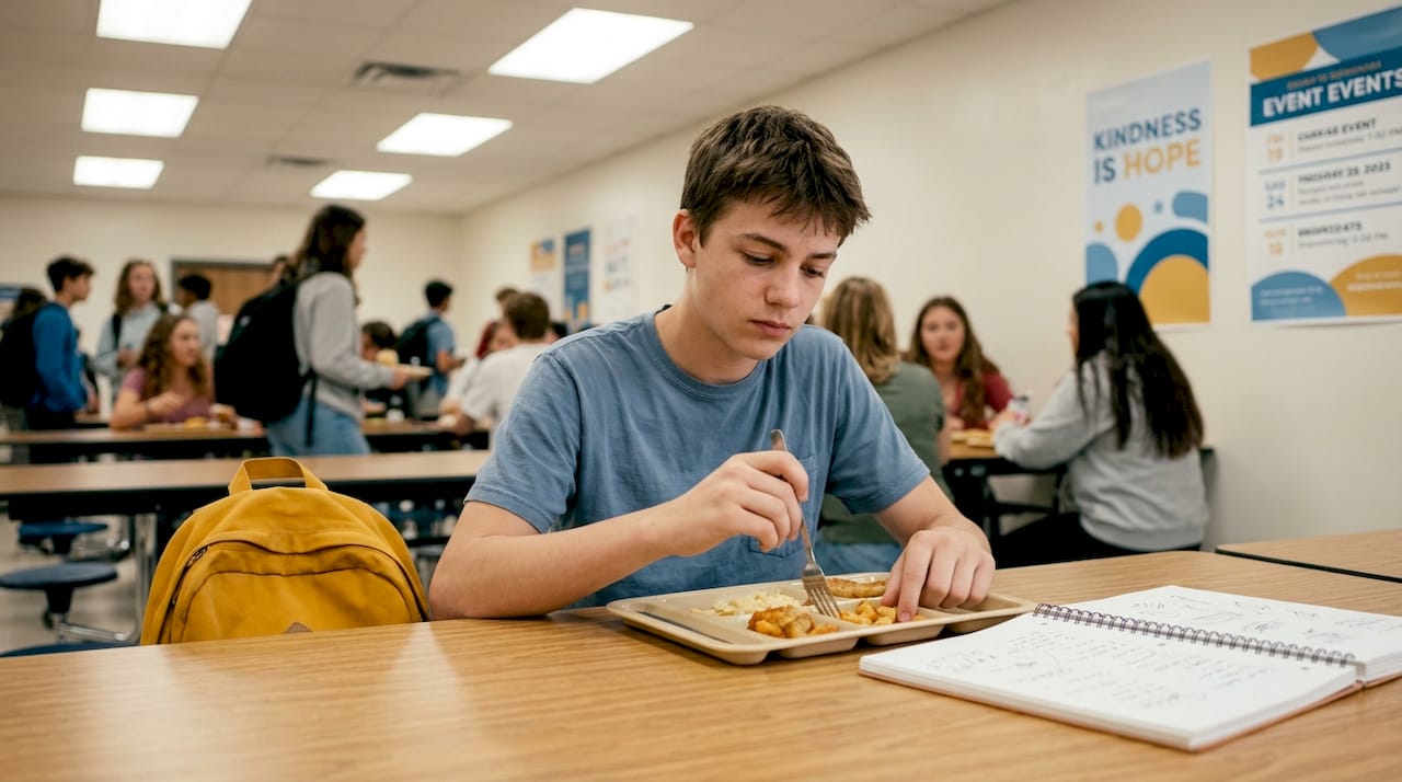Teen boy alone in busy school lunchroom