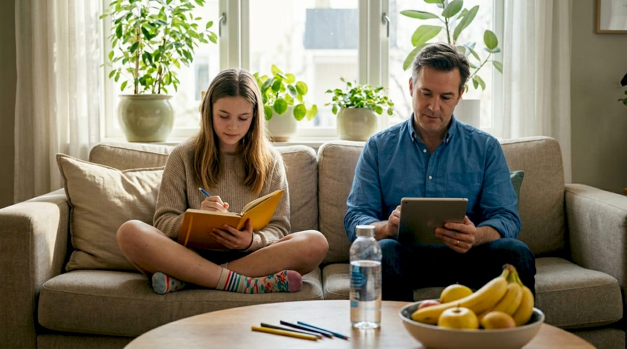 Teen journaling while parent reviews coping notes