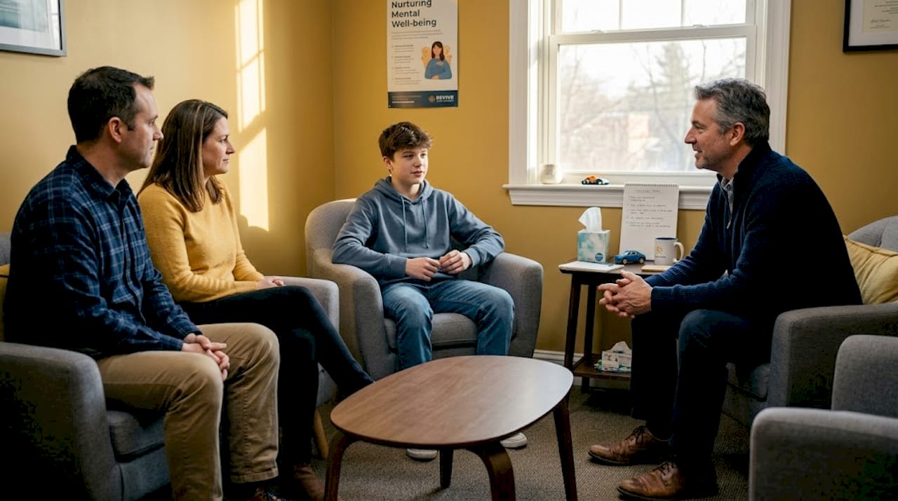 Family in engaged therapy discussion