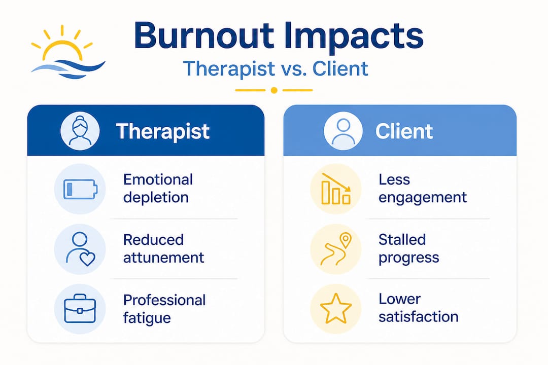 Infographic comparing burnout impacts on therapist and client