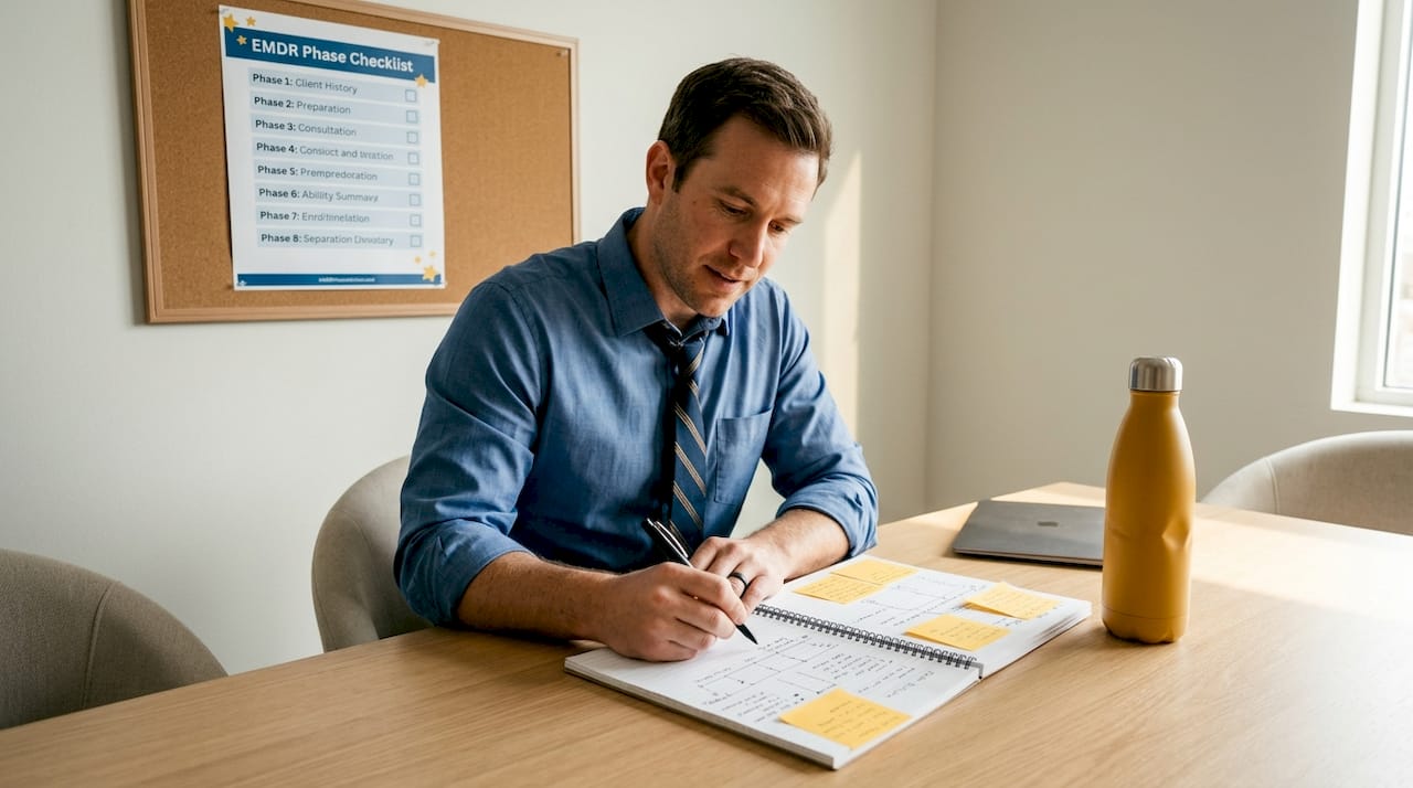 Therapist reviews EMDR protocol session notes