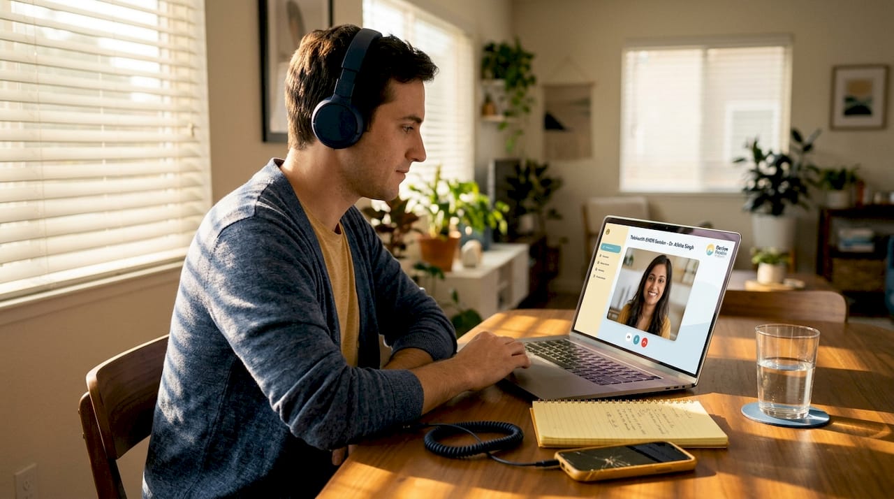 Telehealth EMDR session at home workspace