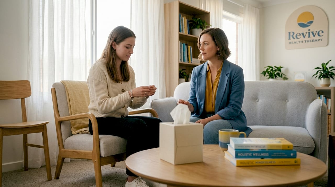 Therapist and client in calming therapy suite