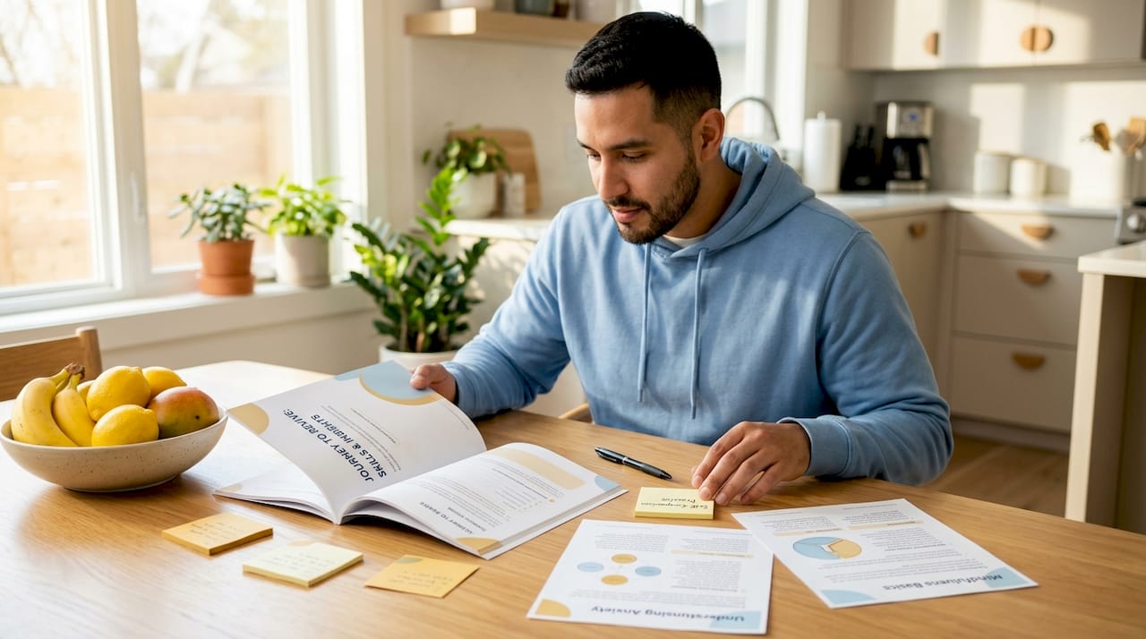 Man reading psychoeducation handouts at home