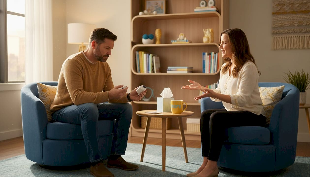 Therapist guiding EMDR with clicker in hand