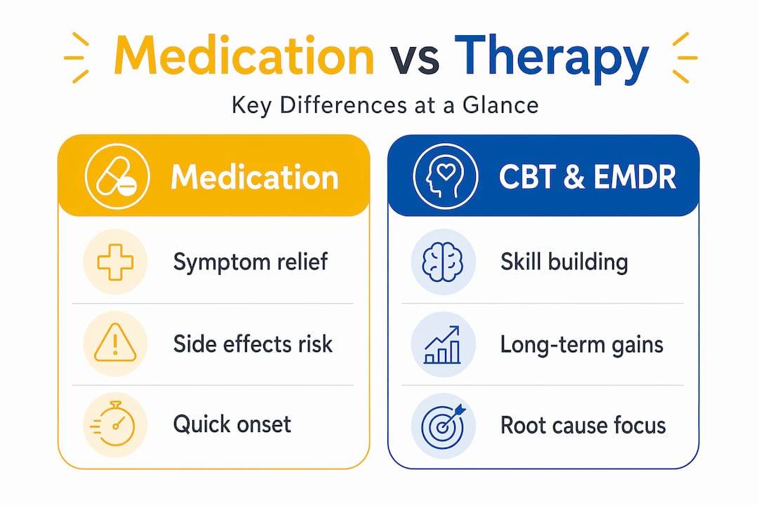 Infographic comparing medication versus therapy features