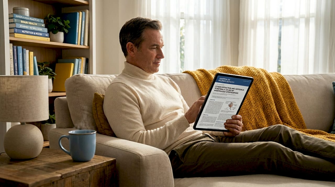 Man reading medical study on couch