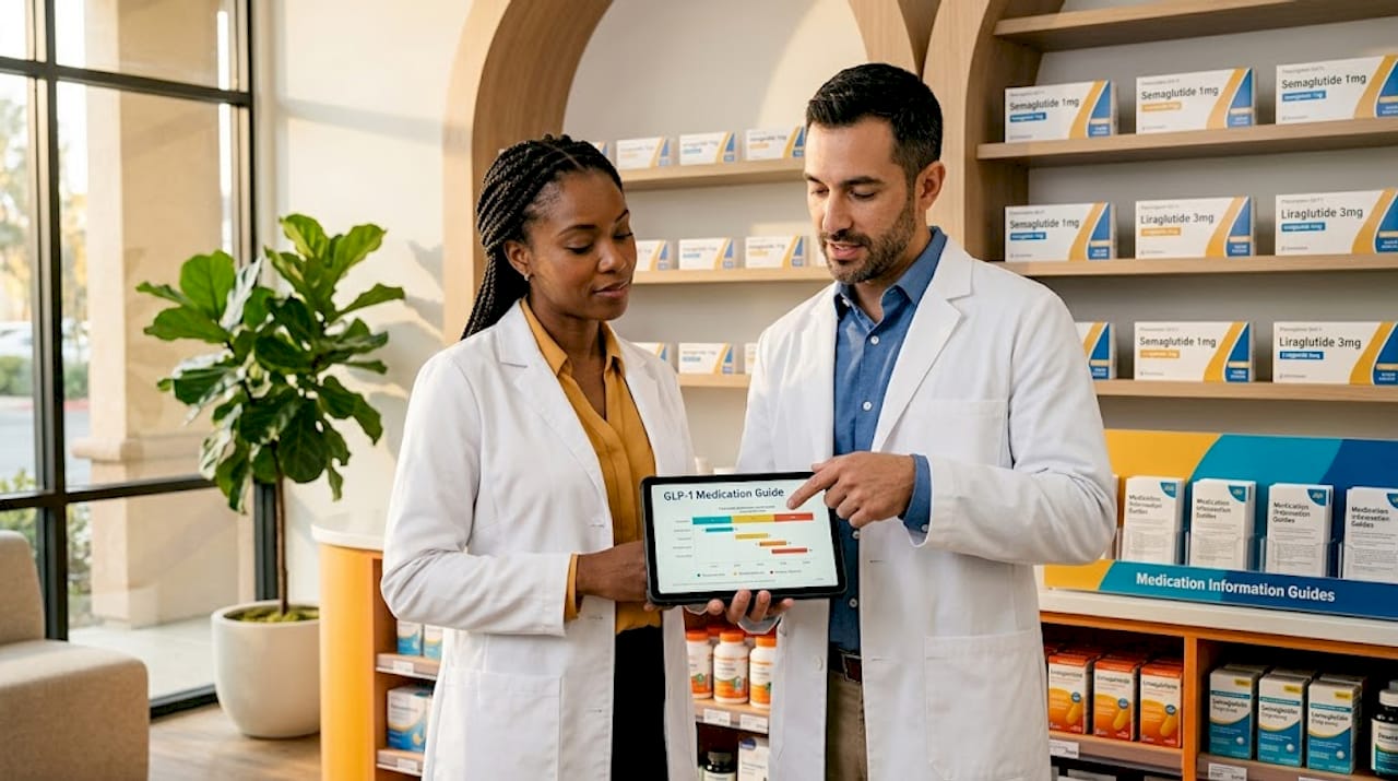 Pharmacists review medication chart together