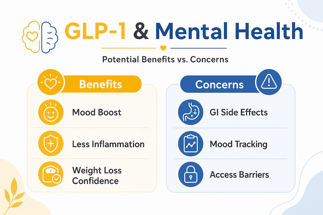 Infographic showing GLP-1 medication benefits and concerns