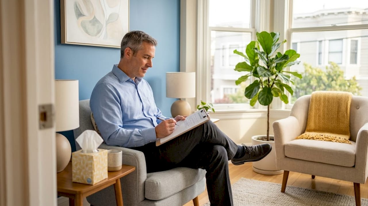 Therapist reviewing notes in California office