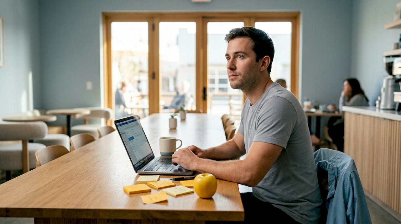 Man distracted by thoughts at coworking table