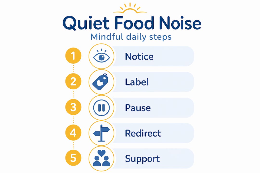 Infographic of five mindful steps for quieting food noise