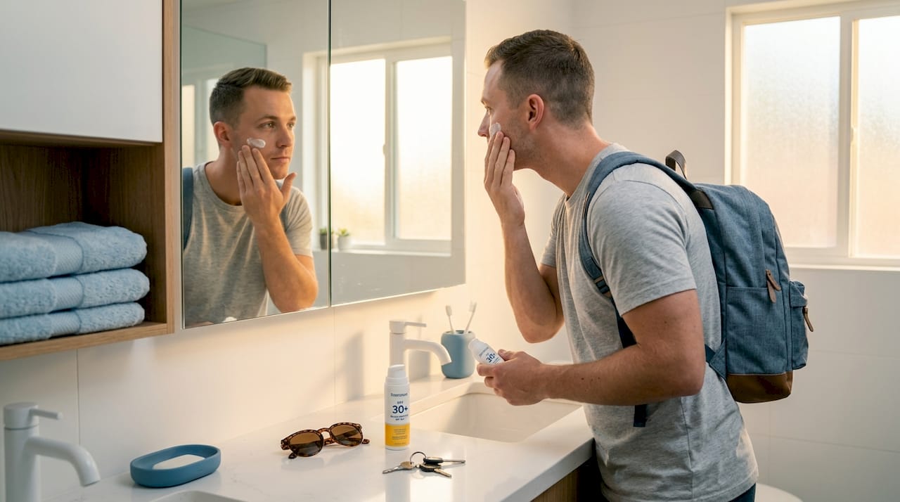 Man applying SPF moisturizer by mirror