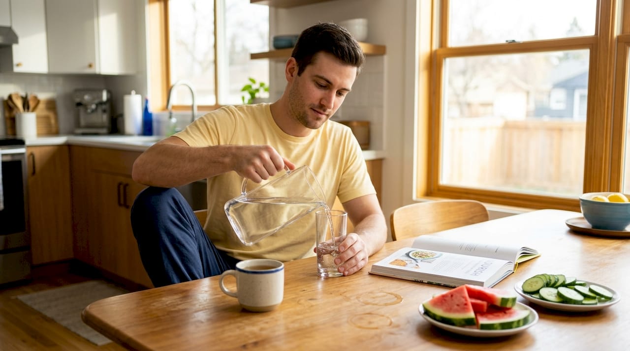 Man pouring water with fruit at kitchen table