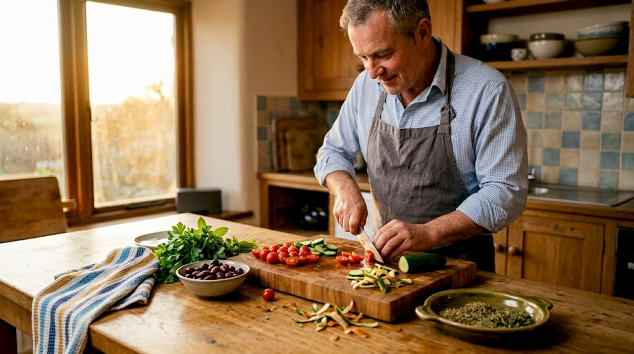 Man preparing Mediterranean salad with fresh ingredients