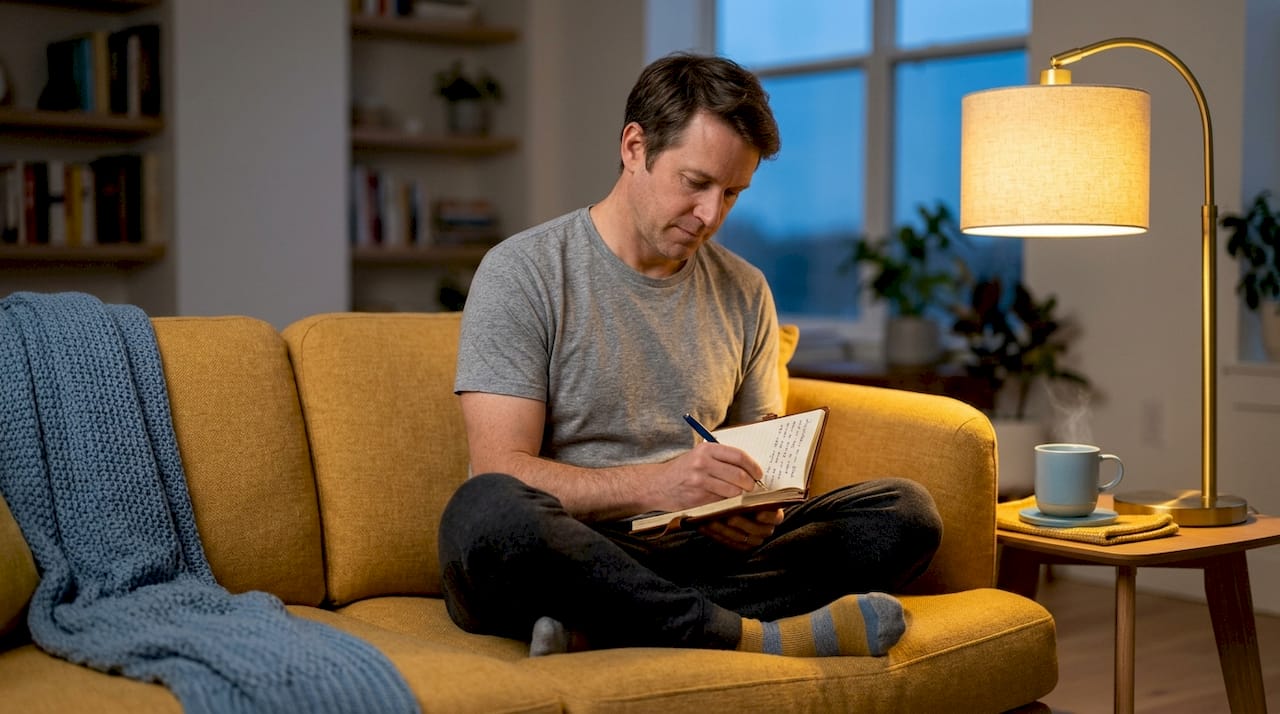 Man journaling on living room sofa in evening