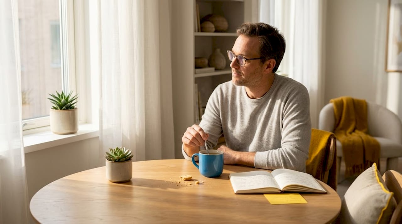 Man reflecting quietly at kitchen table