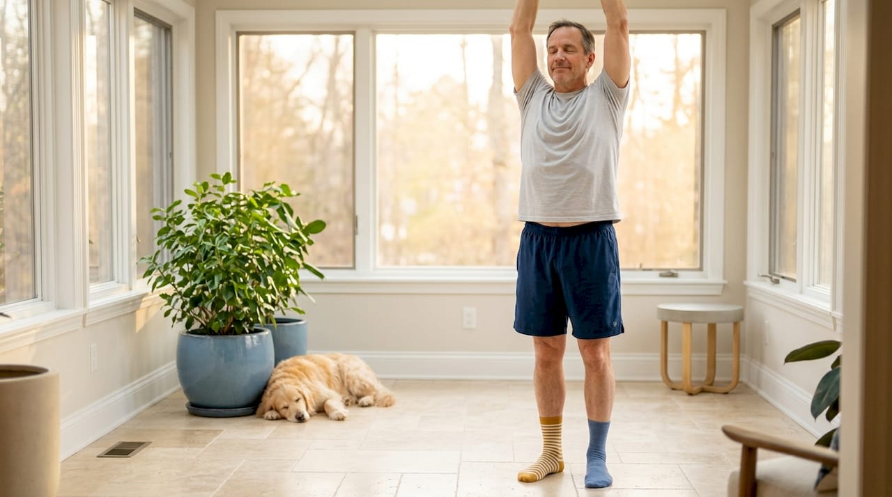 Man gently stretching for home exercise