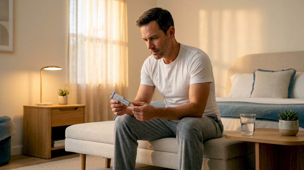 Man checking retinoid cream in bedroom routine