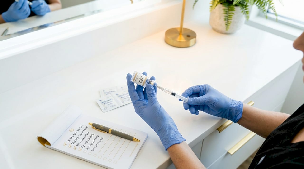 Hands preparing injectable peptide vial in clinic