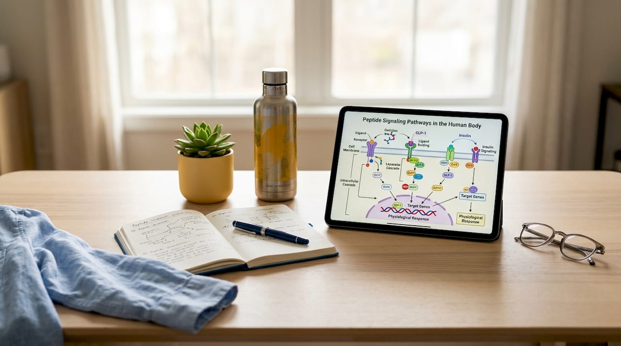 Tablet with peptide biology diagram on desk