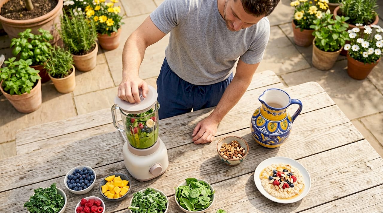 Man making healthy smoothie in kitchen