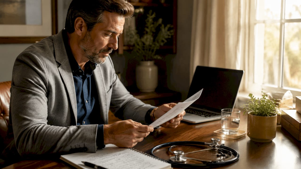 Healthcare provider reviewing patient notes at desk