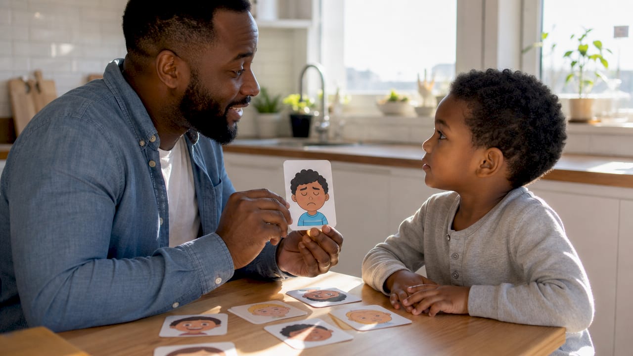 Father teaching child emotion naming with cards