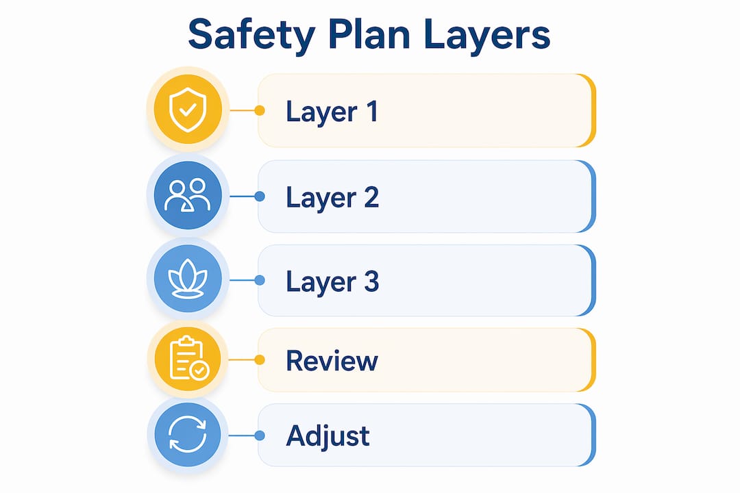 Vertical infographic outlining emotional regulation safety plan layers