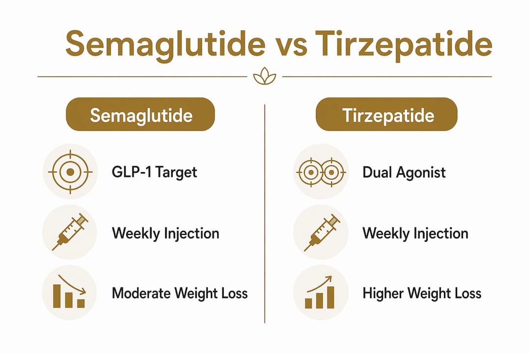 Comparative infographic of semaglutide and tirzepatide peptides