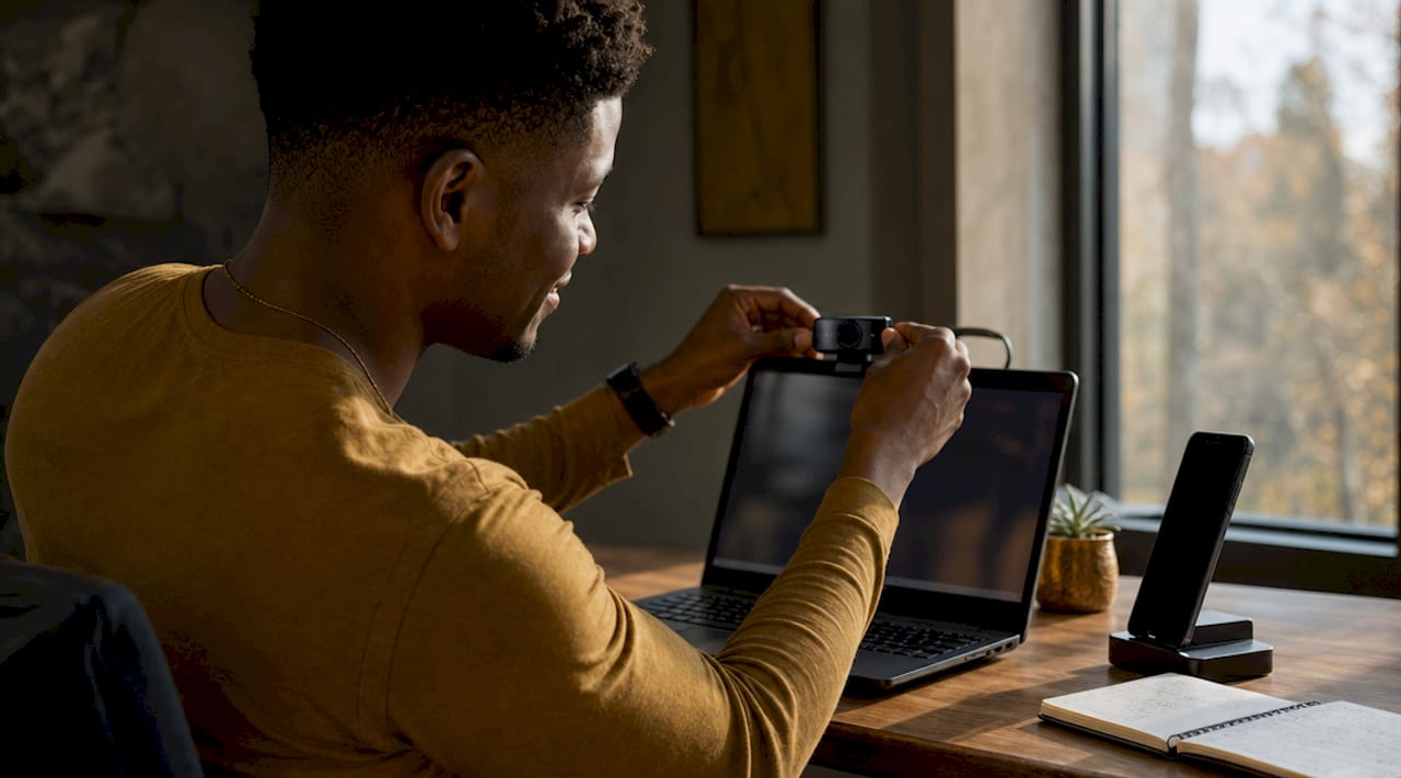 Hands adjusting webcam on laptop for telehealth setup