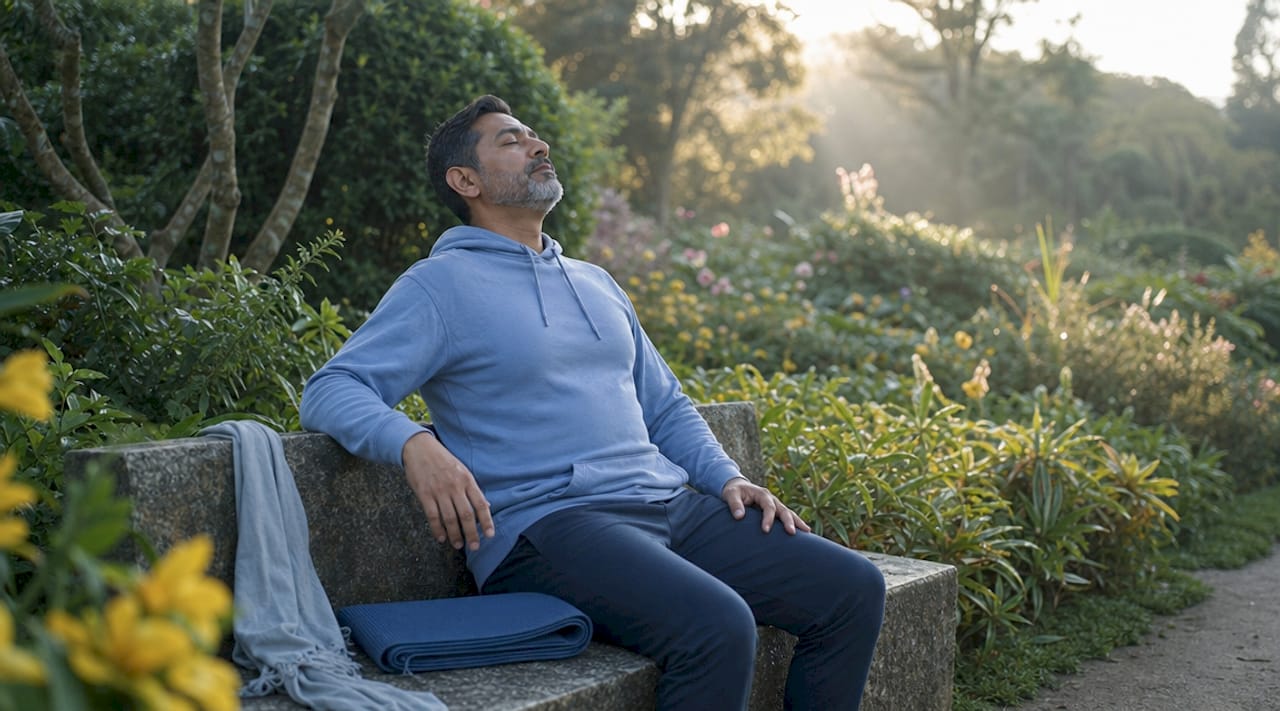 Middle-aged man practicing breath mindfulness outdoors