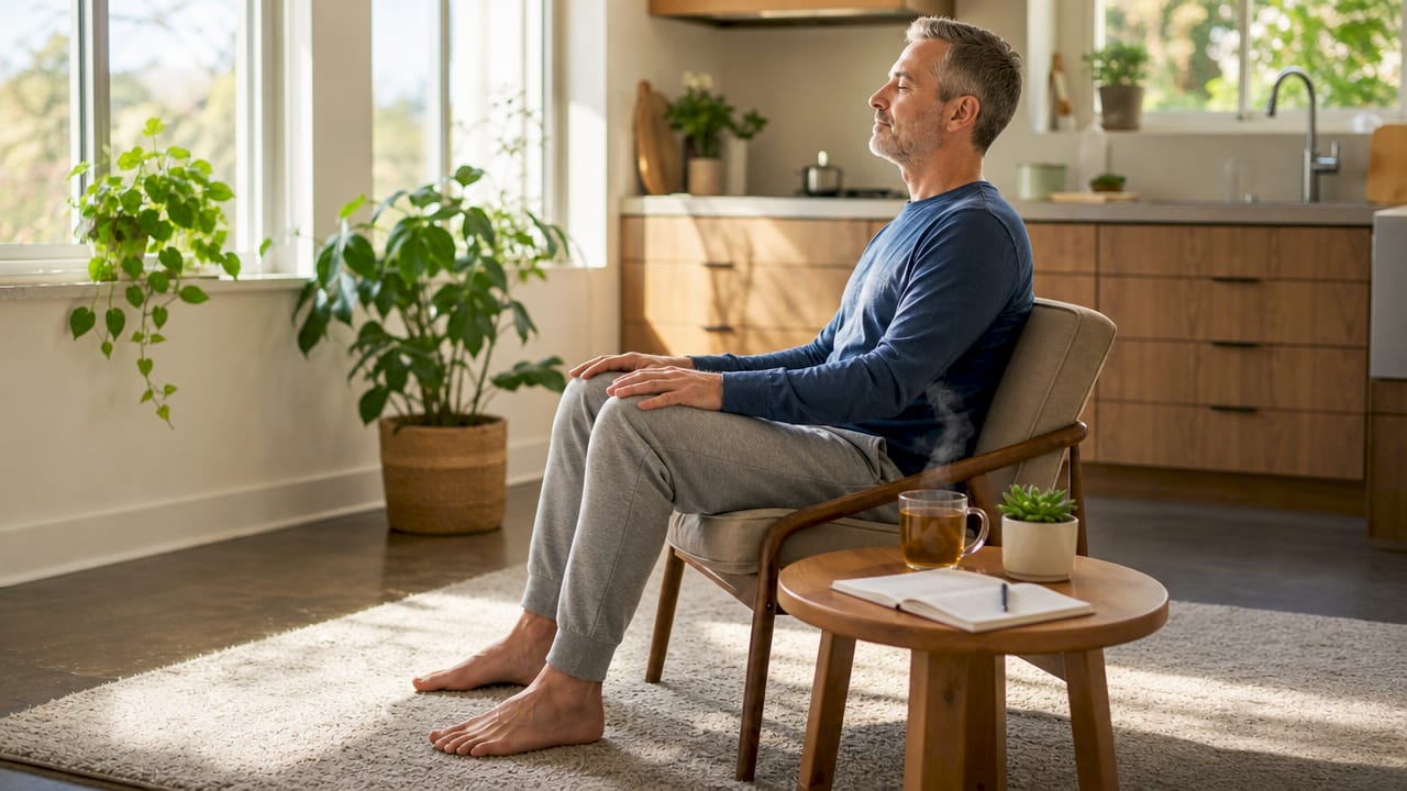 Man performing grounding exercise in home office