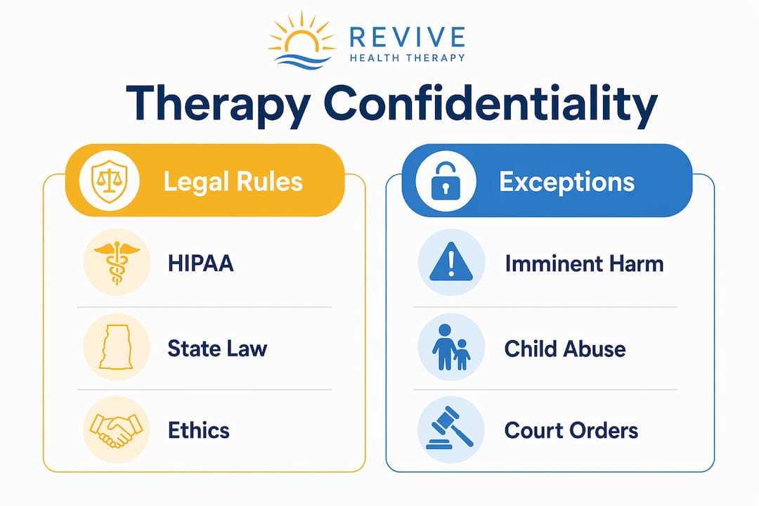 Infographic comparing legal rules and exceptions in therapy confidentiality