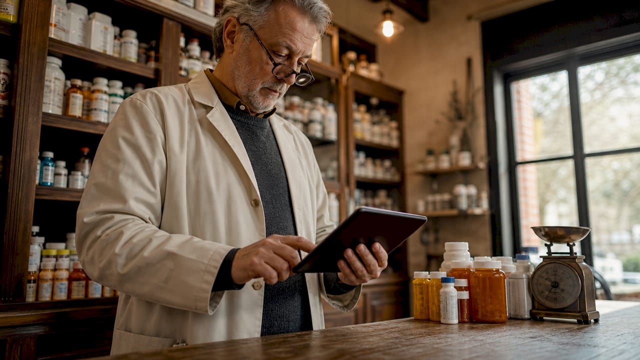 Pharmacist reviewing telehealth prescription on tablet.