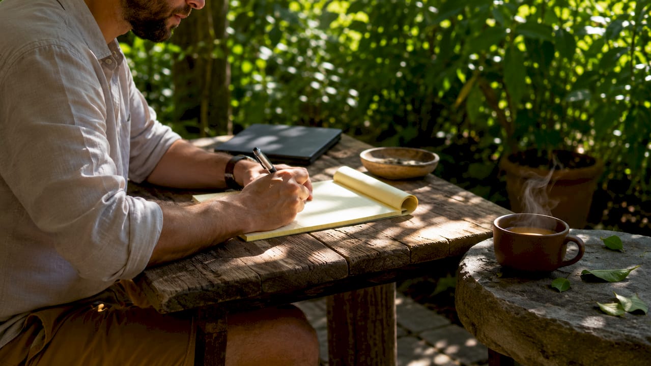 Hands writing medication notes before telehealth