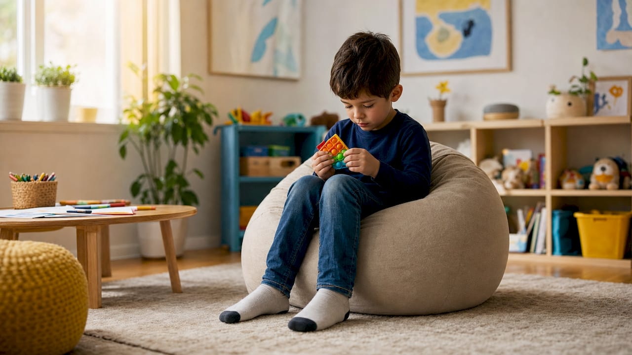 Young boy alone in traditional therapy room