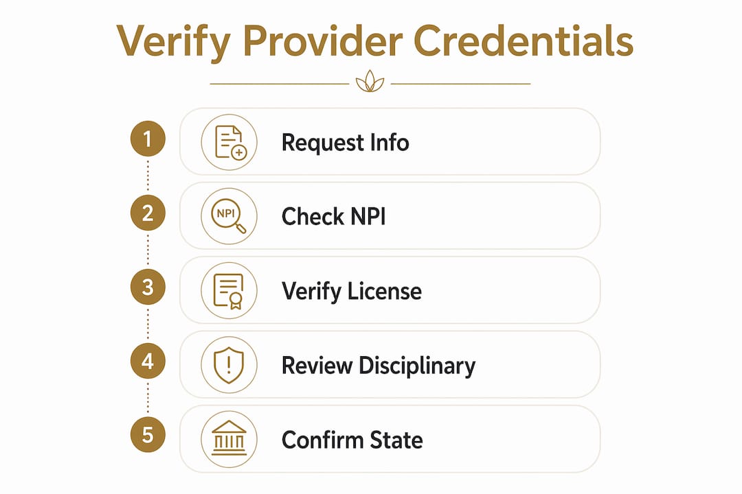 Infographic showing five steps to verify telehealth credentials